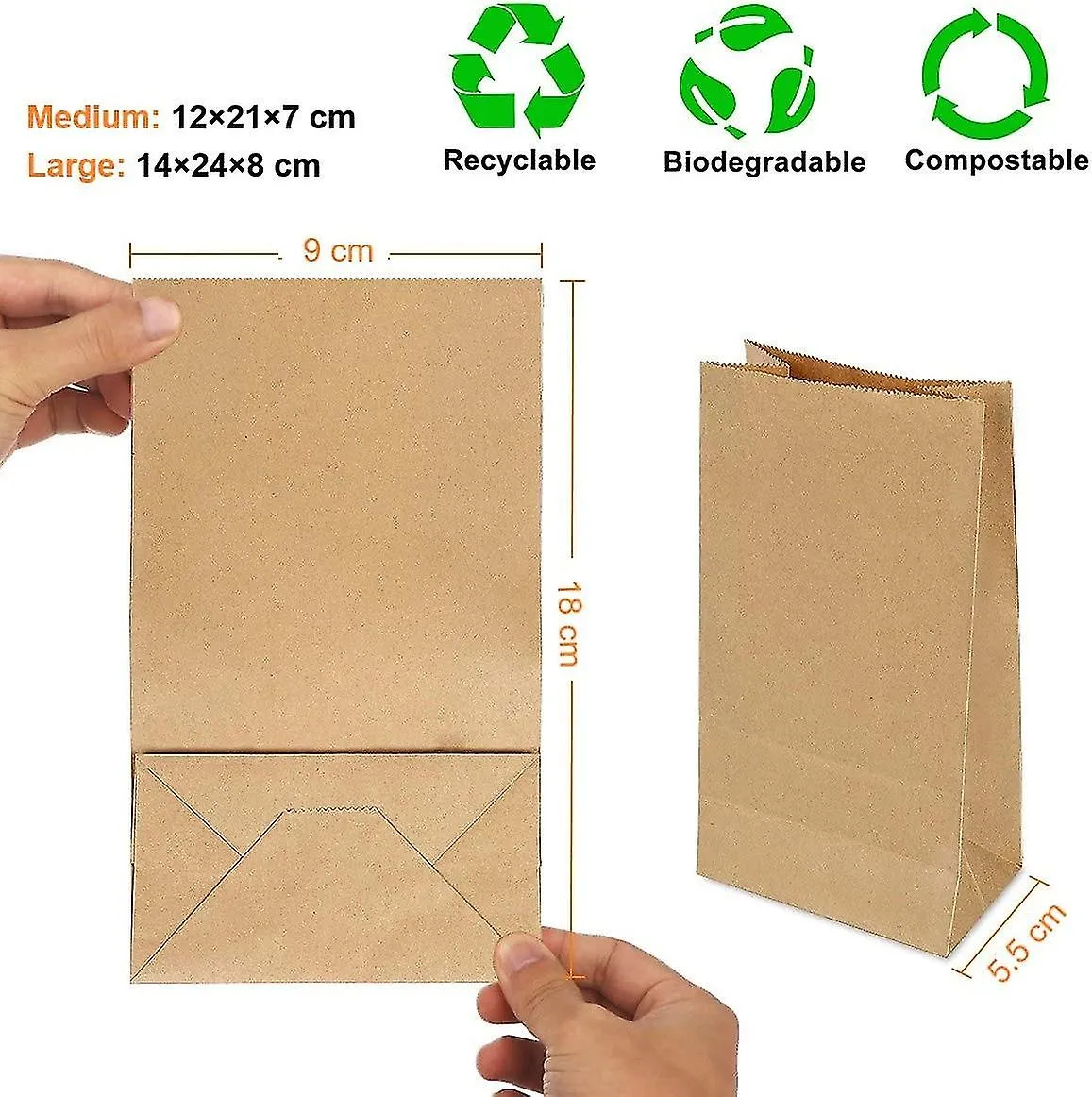 100 Kraft Paper Bag, 9 X 18 X5.5 Cm Small Paper Bag, Gift Bags 100% Recycled Kraft Paper (brown)