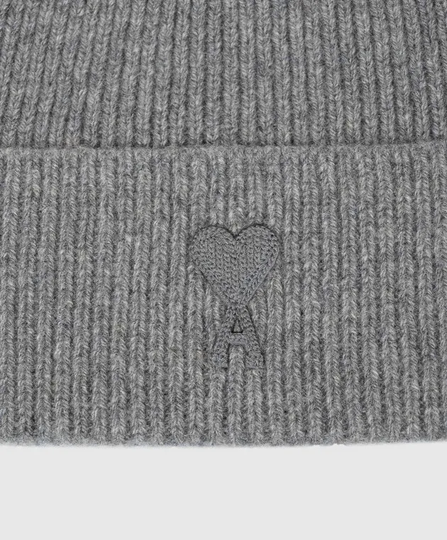 Ami Paris Gray cashmere and wool hat with Ami de Coeur embroidery