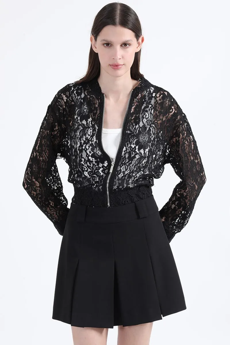 CHAQUETA BOMBER ENCAJE, NEGRO