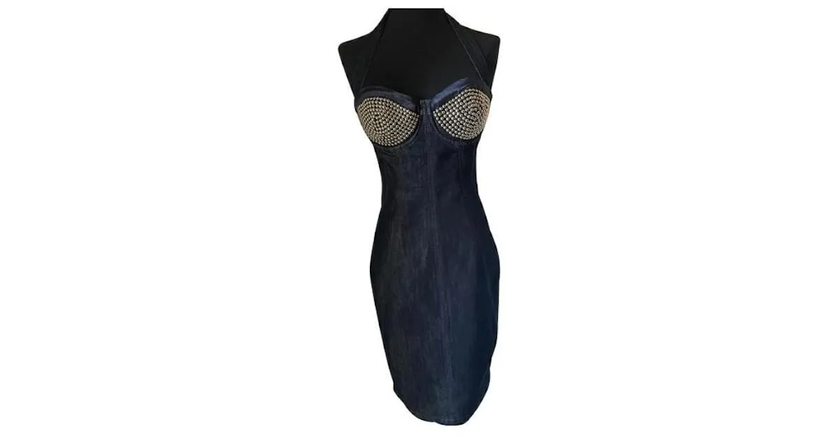 MARCIANO Vestido midi bustier denim azul, tazas tachonadas con tachuelas de plata, 