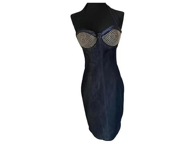 MARCIANO Vestido midi bustier denim azul, tazas tachonadas con tachuelas de plata, 