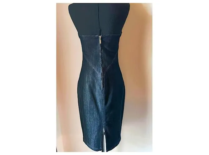 MARCIANO Vestido midi bustier denim azul, tazas tachonadas con tachuelas de plata, 