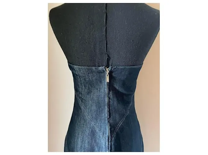 MARCIANO Vestido midi bustier denim azul, tazas tachonadas con tachuelas de plata, 