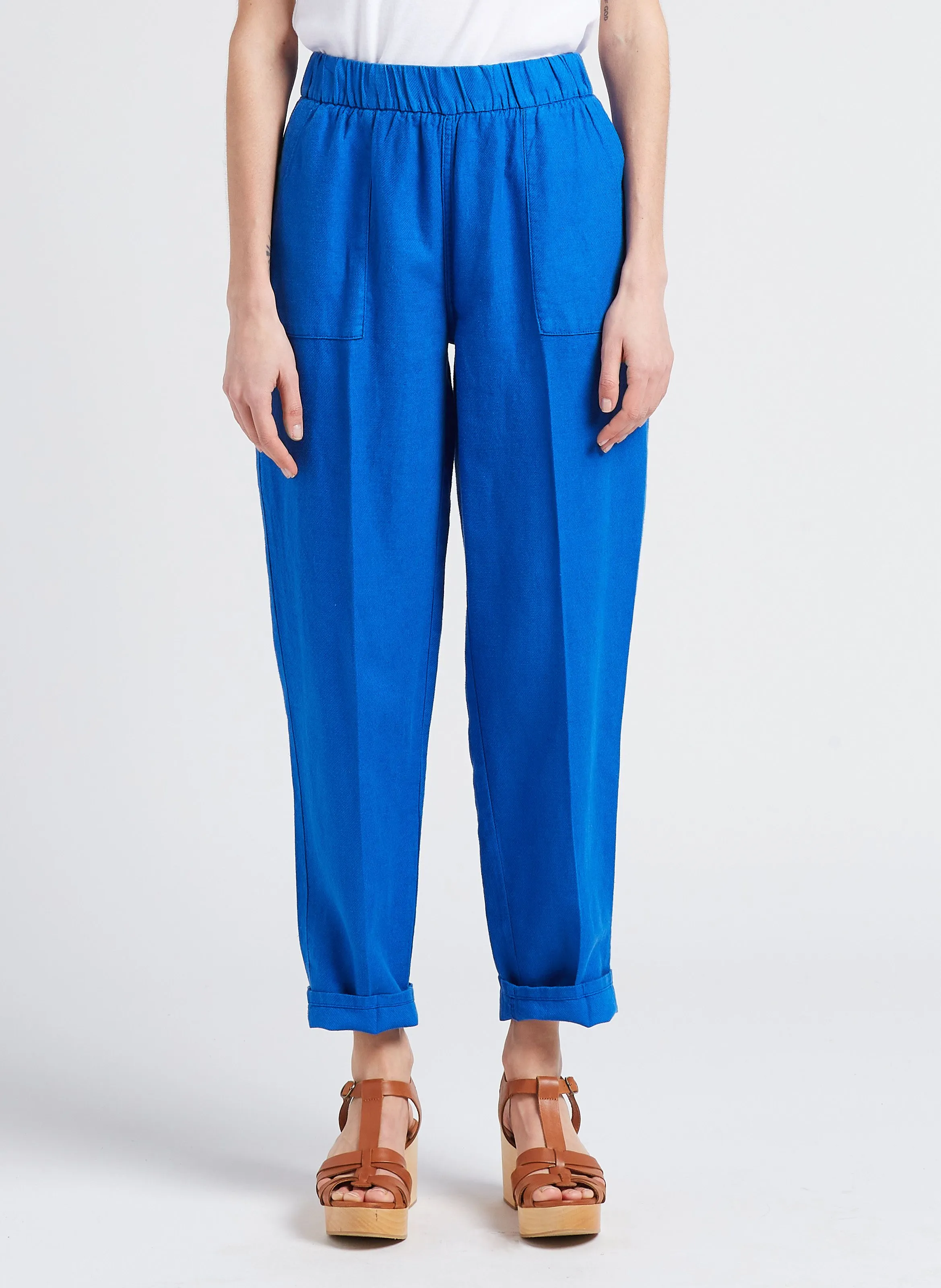 MILPA - Pantalón tapered de mezcla de lino en azul