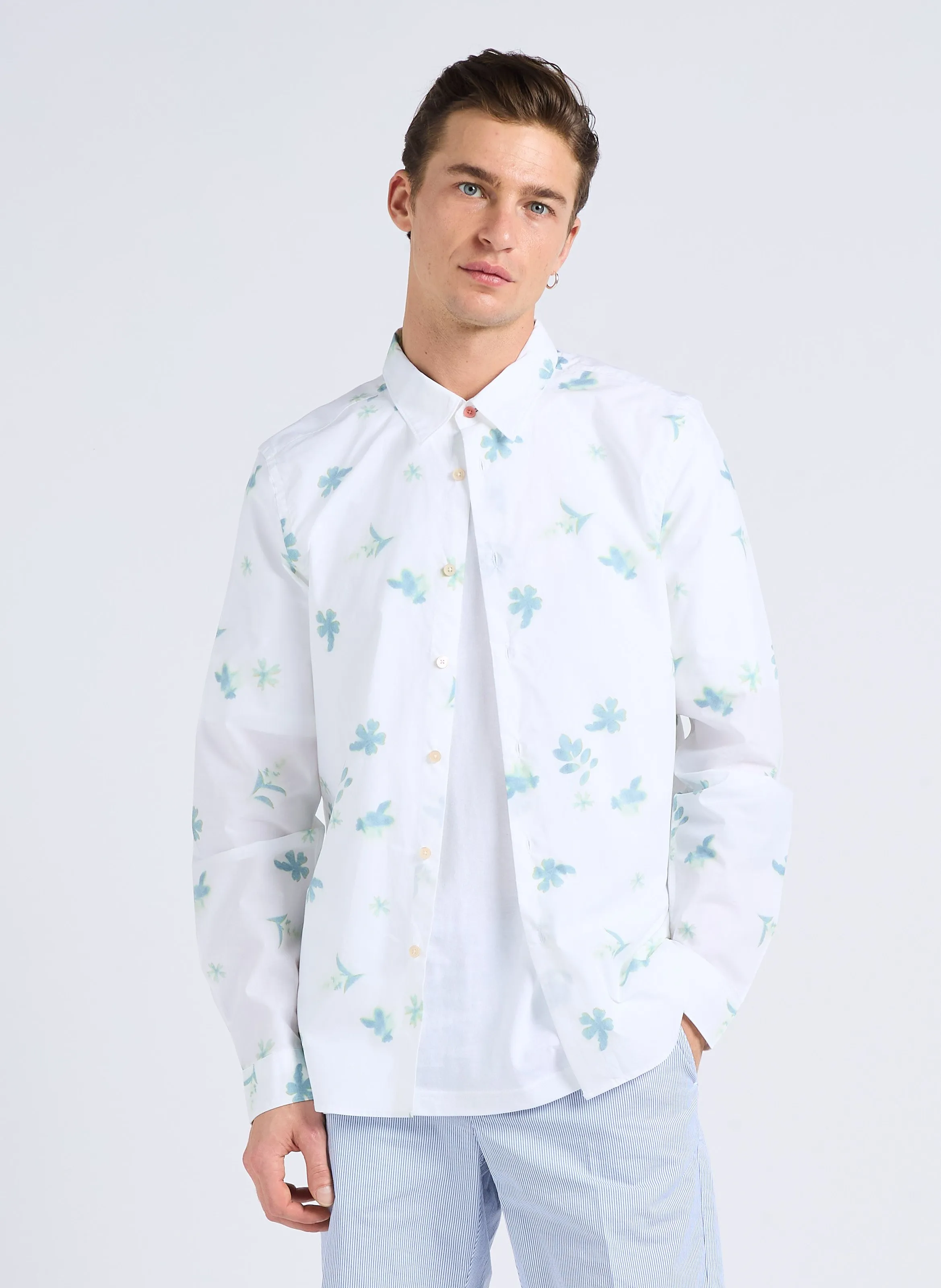 PAUL SMITH Camisa estampada de algodón orgánico con cuello clásico en blanco