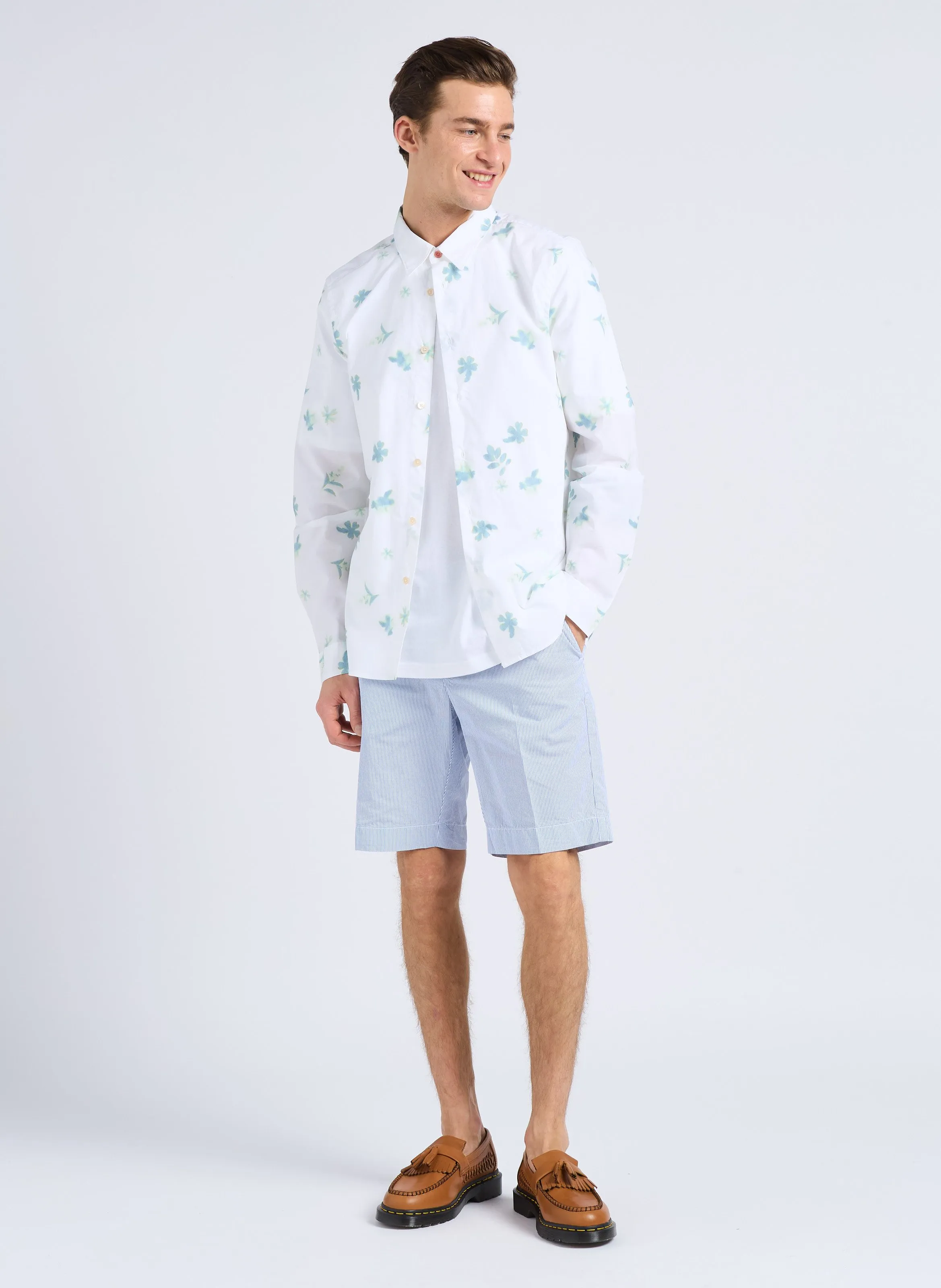 PAUL SMITH Camisa estampada de algodón orgánico con cuello clásico en blanco