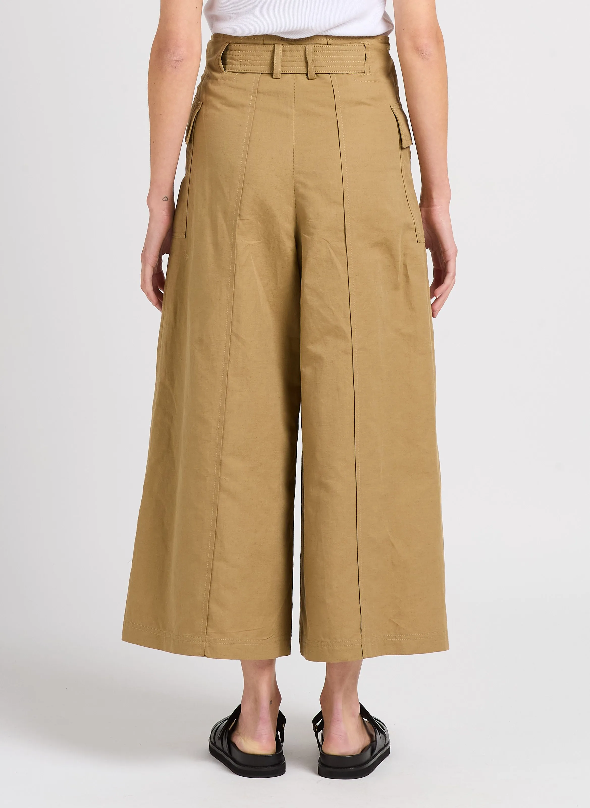 PINIDE - Pantalón ancho de algodón y lino en beige