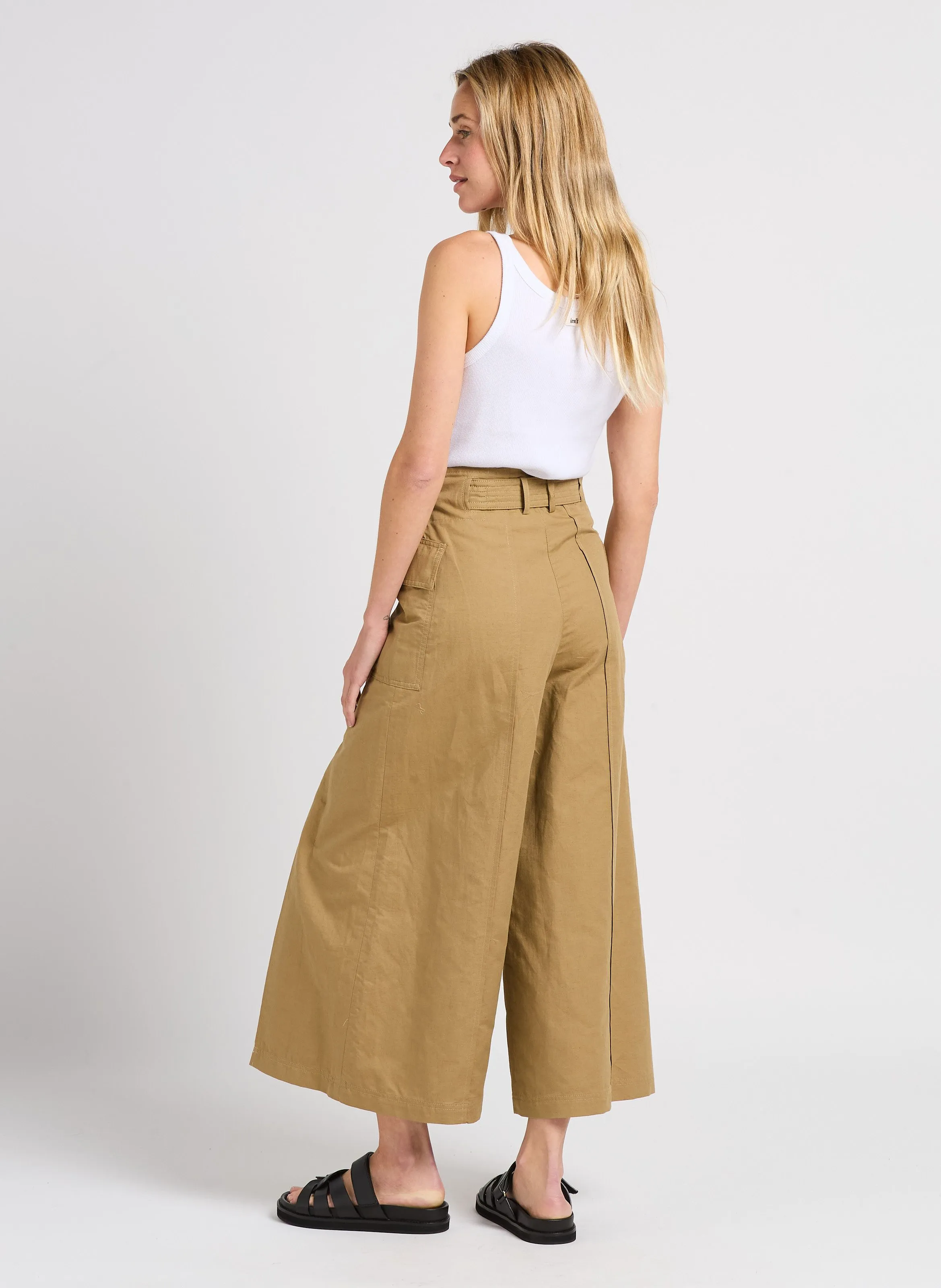 PINIDE - Pantalón ancho de algodón y lino en beige