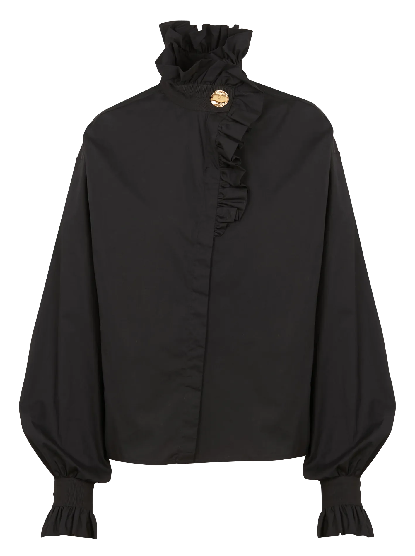 The Label Edition EZRA - Camisa de algodón orgánico con cuello con volante en negro